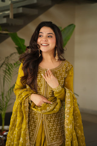 Mustard Fendy Fabric Embroidered Kurti Sharara Set with Sequin Zari Dupatta – Fully Lined & Stitched Clothsvilla
