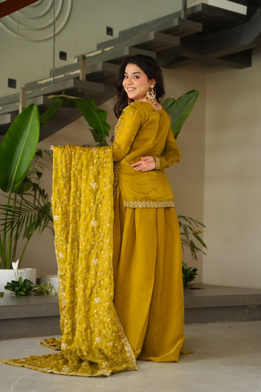 Mustard Fendy Fabric Embroidered Kurti Sharara Set with Sequin Zari Dupatta – Fully Lined & Stitched Clothsvilla
