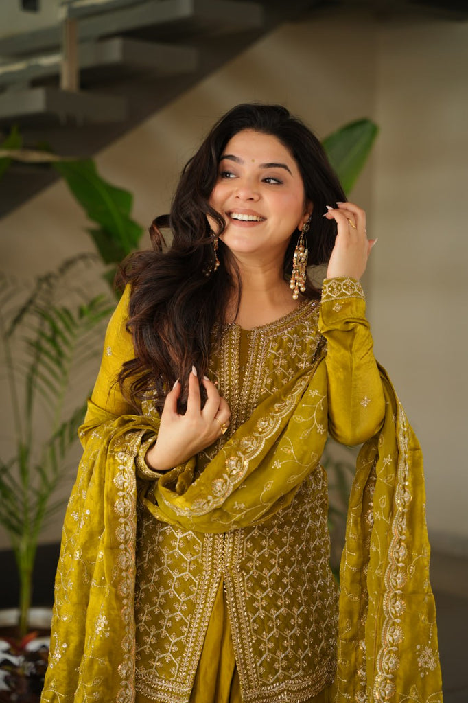 Mustard Fendy Fabric Embroidered Kurti Sharara Set with Sequin Zari Dupatta – Fully Lined & Stitched Clothsvilla