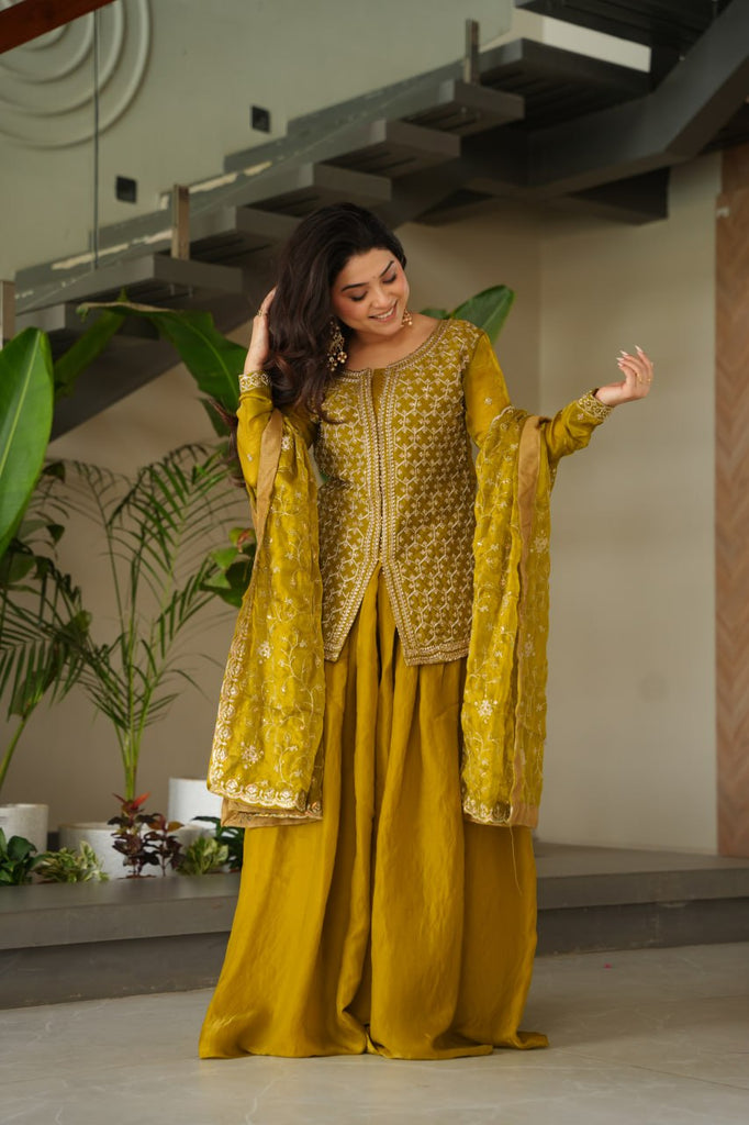 Mustard Fendy Fabric Embroidered Kurti Sharara Set with Sequin Zari Dupatta – Fully Lined & Stitched Clothsvilla