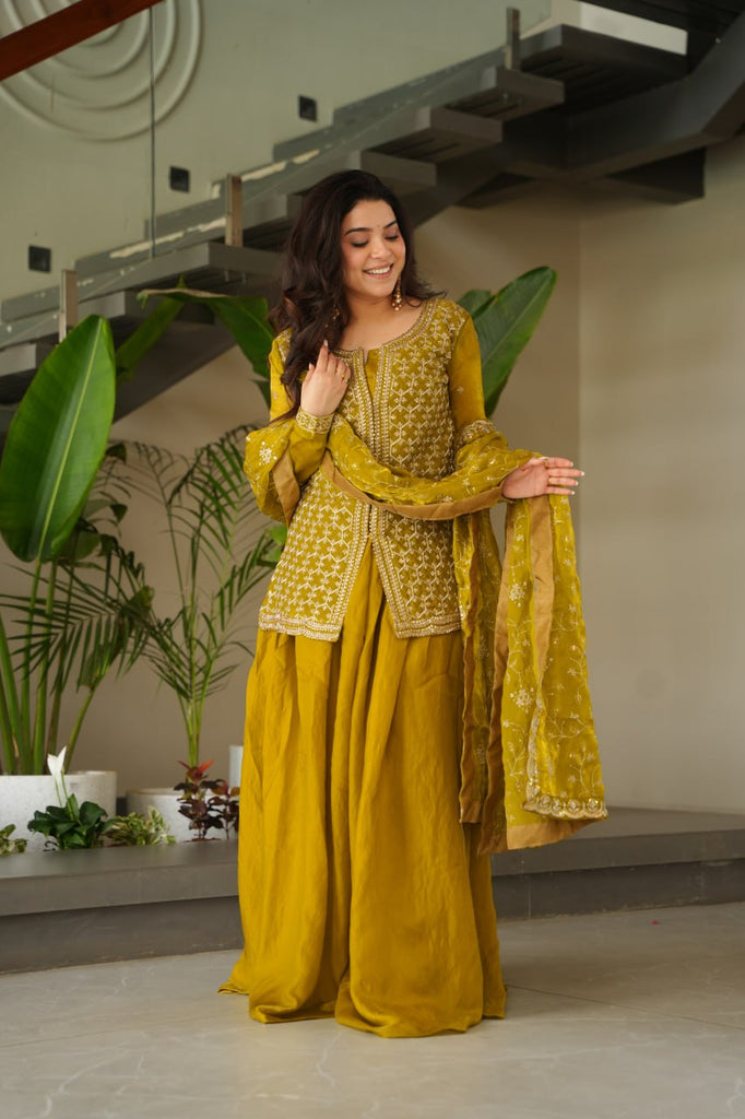Mustard Fendy Fabric Embroidered Kurti Sharara Set with Sequin Zari Dupatta – Fully Lined & Stitched Clothsvilla