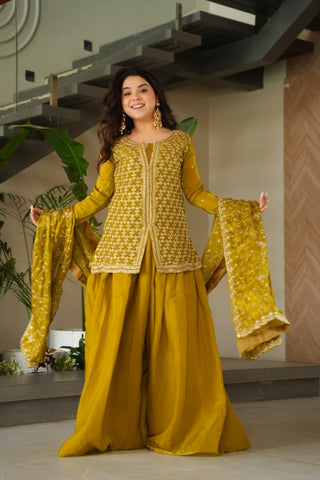 Mustard Fendy Fabric Embroidered Kurti Sharara Set with Sequin Zari Dupatta – Fully Lined & Stitched Clothsvilla