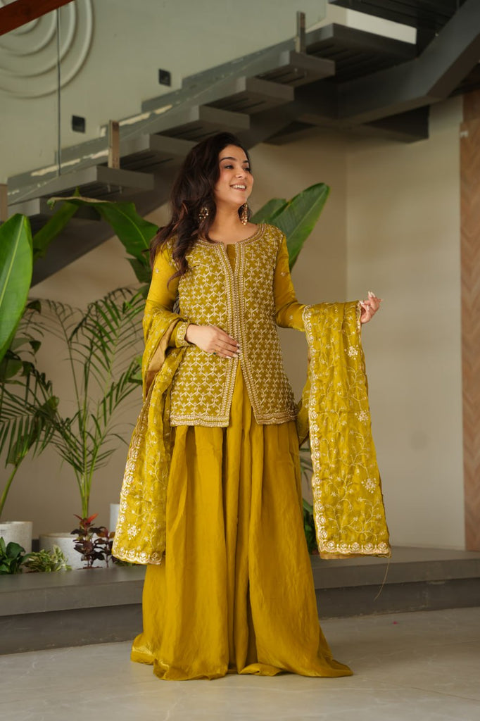 Mustard Fendy Fabric Embroidered Kurti Sharara Set with Sequin Zari Dupatta – Fully Lined & Stitched Clothsvilla