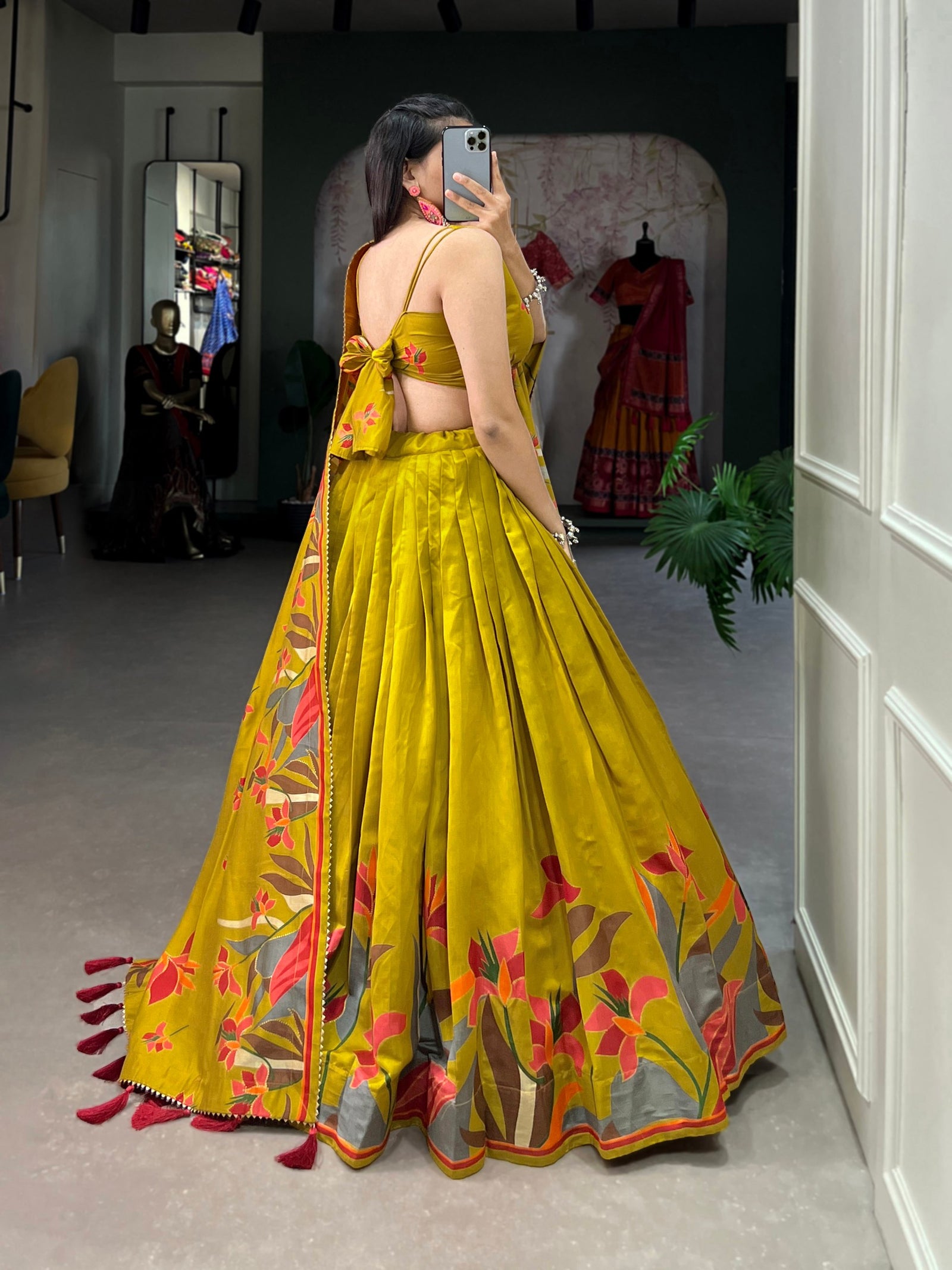 Mustard Floral Lehenga Choli with Foil Print & Gotta Patti Dupatta ClothsVilla