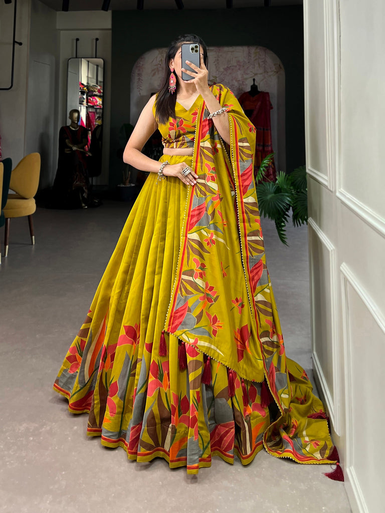 Mustard Floral Lehenga Choli with Foil Print & Gotta Patti Dupatta