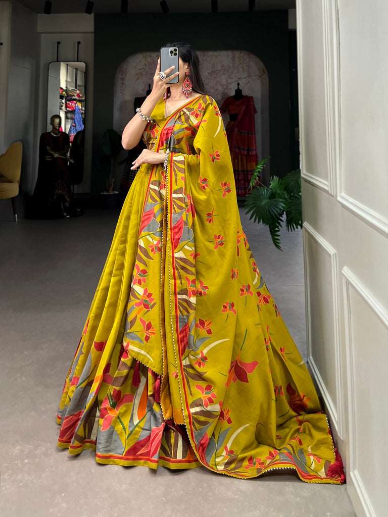 Mustard Floral Lehenga Choli with Foil Print & Gotta Patti Dupatta ClothsVilla