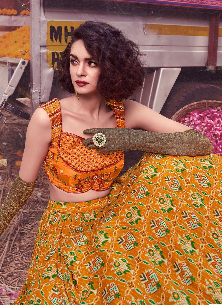 Mustard Floral Print Lehenga Choli for Womens For Indian Festival & Weddings - Print Work, Thread Embroidery Work Clothsvilla