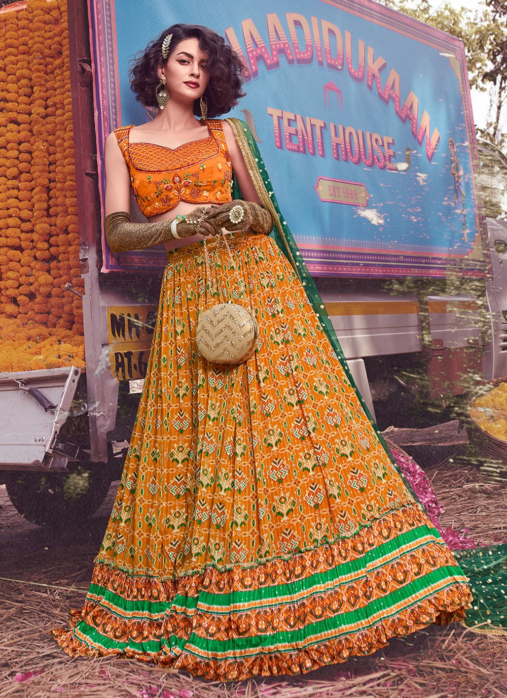 Mustard Floral Print Lehenga Choli for Womens For Indian Festival & Weddings - Print Work, Thread Embroidery Work Clothsvilla Main image