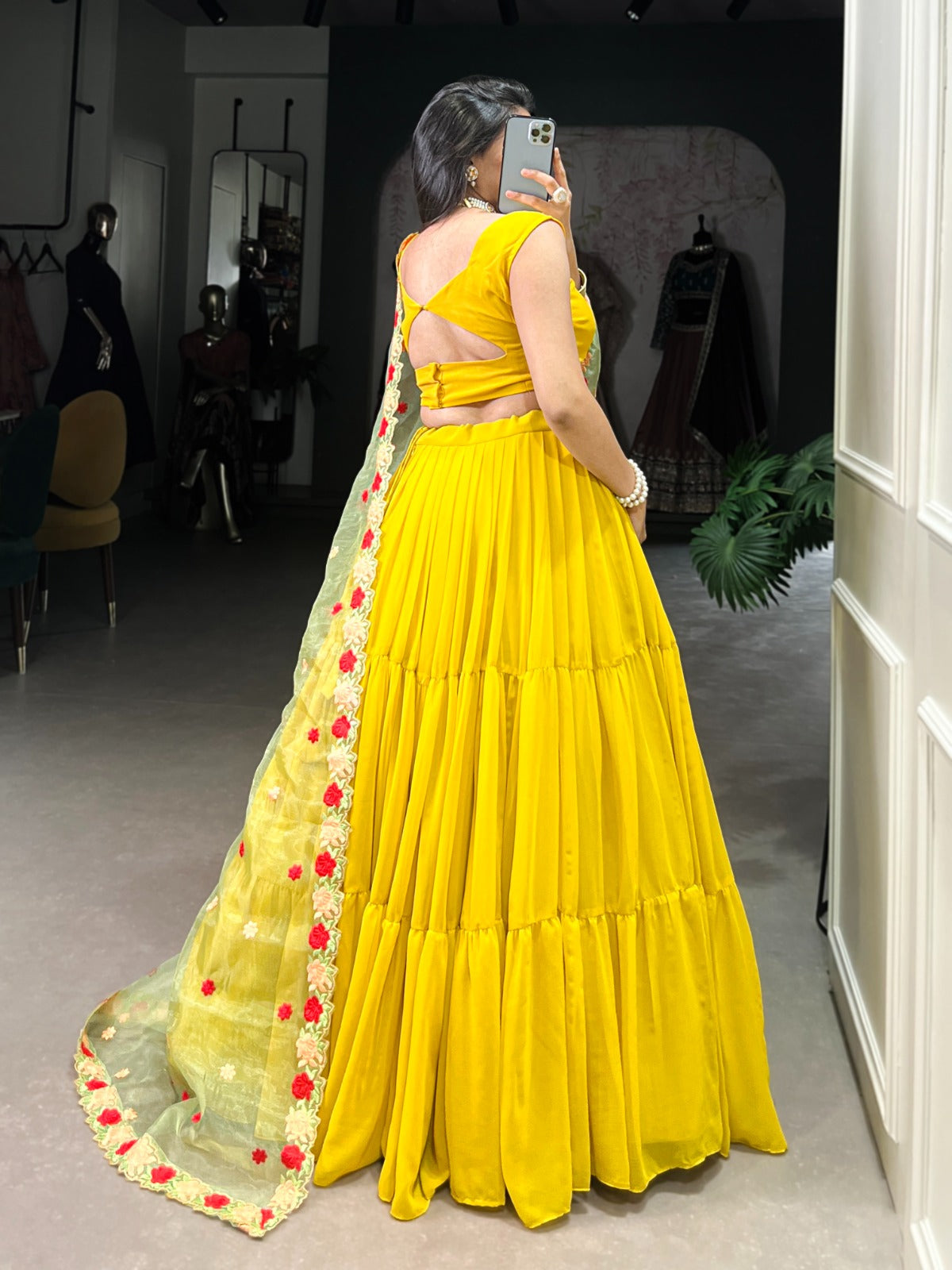 Mustard Georgette Wedding Lehenga Choli with Embroidered Organza Dupatta | 9-Meter Flair | Stitched Blouse | Wedding Collection 2025 Secondary image