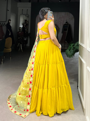 Mustard Georgette Wedding Lehenga Choli with Embroidered Organza Dupatta | 9-Meter Flair | Stitched Blouse | Wedding Collection 2025 ClothsVilla