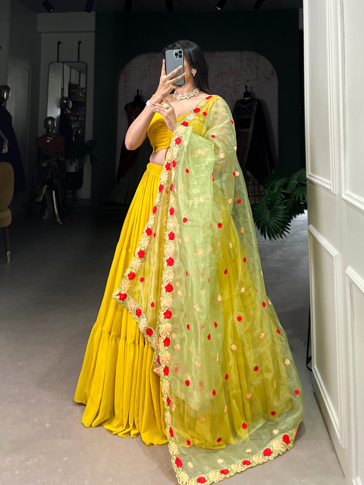 Mustard Georgette Wedding Lehenga Choli with Embroidered Organza Dupatta | 9-Meter Flair | Stitched Blouse | Wedding Collection 2025 ClothsVilla