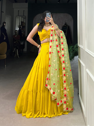 Mustard Georgette Wedding Lehenga Choli with Embroidered Organza Dupatta | 9-Meter Flair | Stitched Blouse | Wedding Collection 2025 ClothsVilla