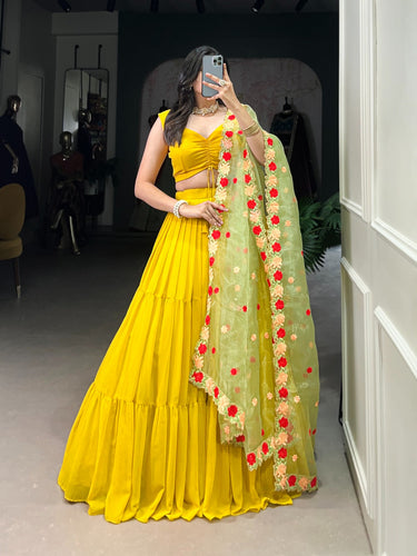 Mustard Georgette Wedding Lehenga Choli with Embroidered Organza Dupatta | 9-Meter Flair | Stitched Blouse | Wedding Collection 2025 ClothsVilla