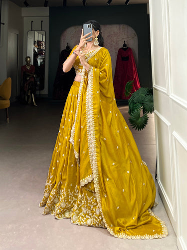 Mustard Golden Embroidered Vichitra Silk Lehenga Set with Sequins Detailing