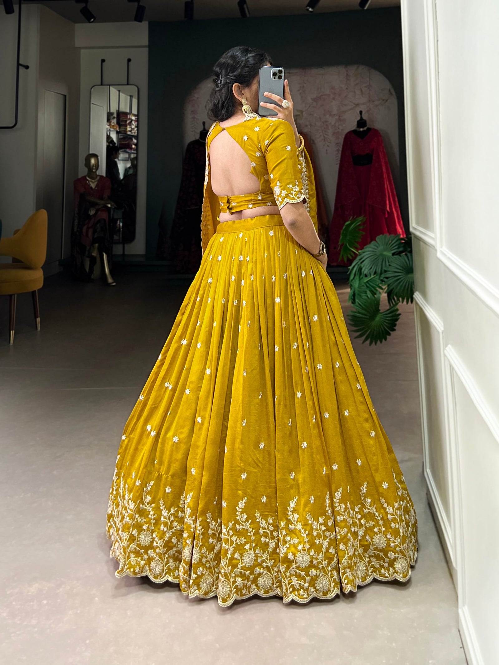 Mustard Golden Embroidered Vichitra Silk Lehenga Set with Sequins Detailing