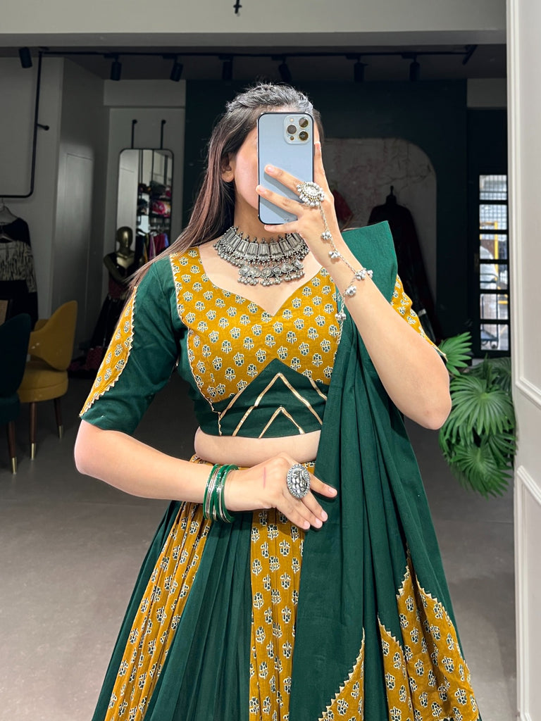 Mustard & Green Cotton Chaniya Choli with Printed Kali & Cowrie Work ClothsVilla