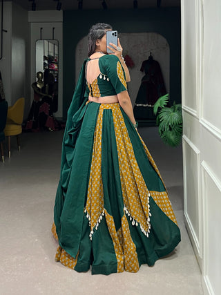 Mustard & Green Cotton Chaniya Choli with Printed Kali & Cowrie Work ClothsVilla