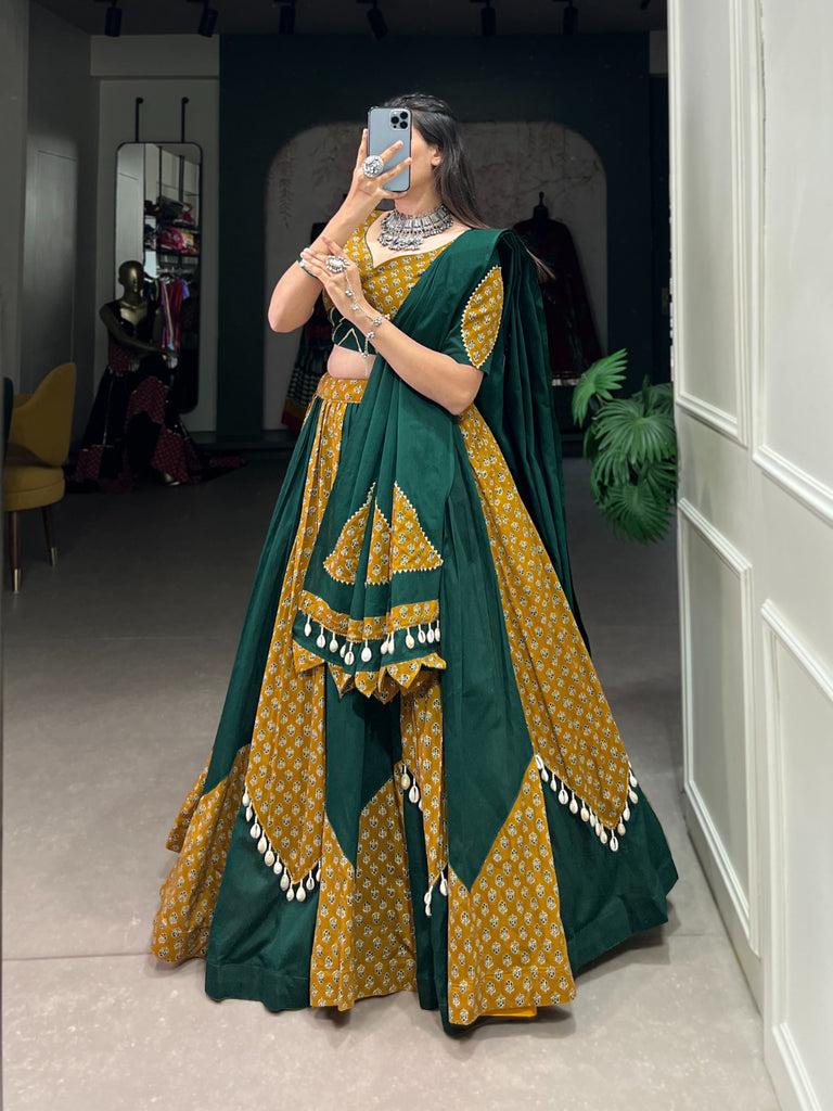 Mustard & Green Cotton Chaniya Choli with Printed Kali & Cowrie Work ClothsVilla