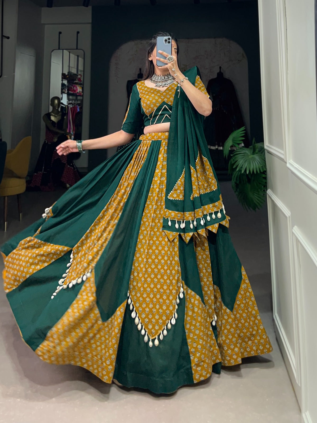 Mustard & Green Cotton Chaniya Choli with Printed Kali & Cowrie Work ClothsVilla