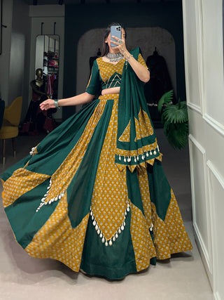 Mustard & Green Cotton Chaniya Choli with Printed Kali & Cowrie Work ClothsVilla