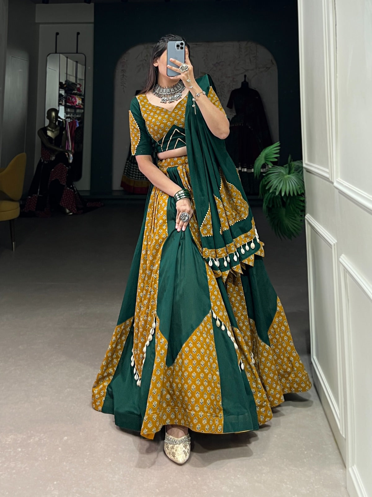 Mustard & Green Cotton Chaniya Choli with Printed Kali & Cowrie Work ClothsVilla