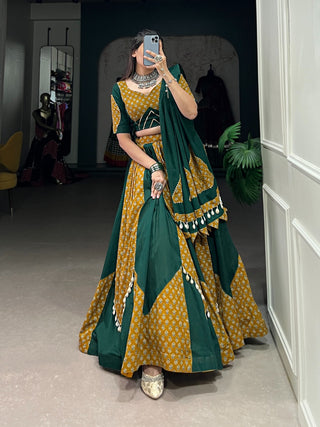 Mustard & Green Cotton Chaniya Choli with Printed Kali & Cowrie Work ClothsVilla