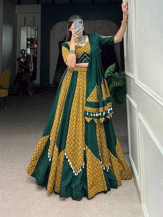 Mustard & Green Cotton Chaniya Choli with Printed Kali & Cowrie Work ClothsVilla