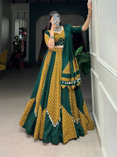 Load image into Gallery viewer, Mustard &amp; Green Cotton Chaniya Choli with Printed Kali &amp; Cowrie Work ClothsVilla