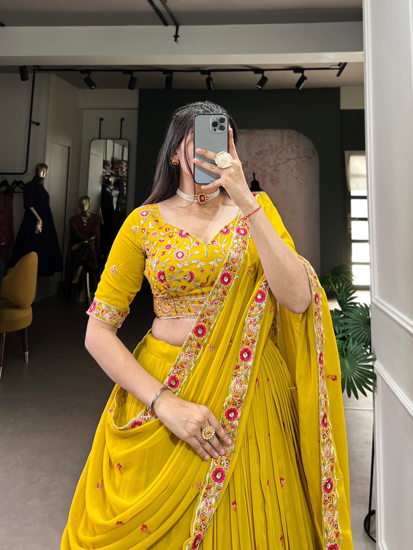 Mustard Haldi Hues - Happy Hearts Embroidered Georgette Lehenga Set