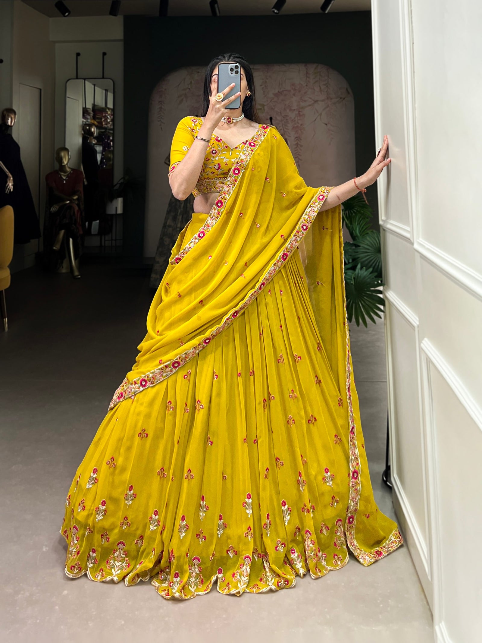Mustard Haldi Hues - Happy Hearts Embroidered Georgette Lehenga Set