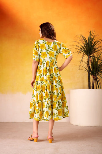 Mustard ichitra Silk Floral Print Frock with 5-Meter Flair ClothsVilla