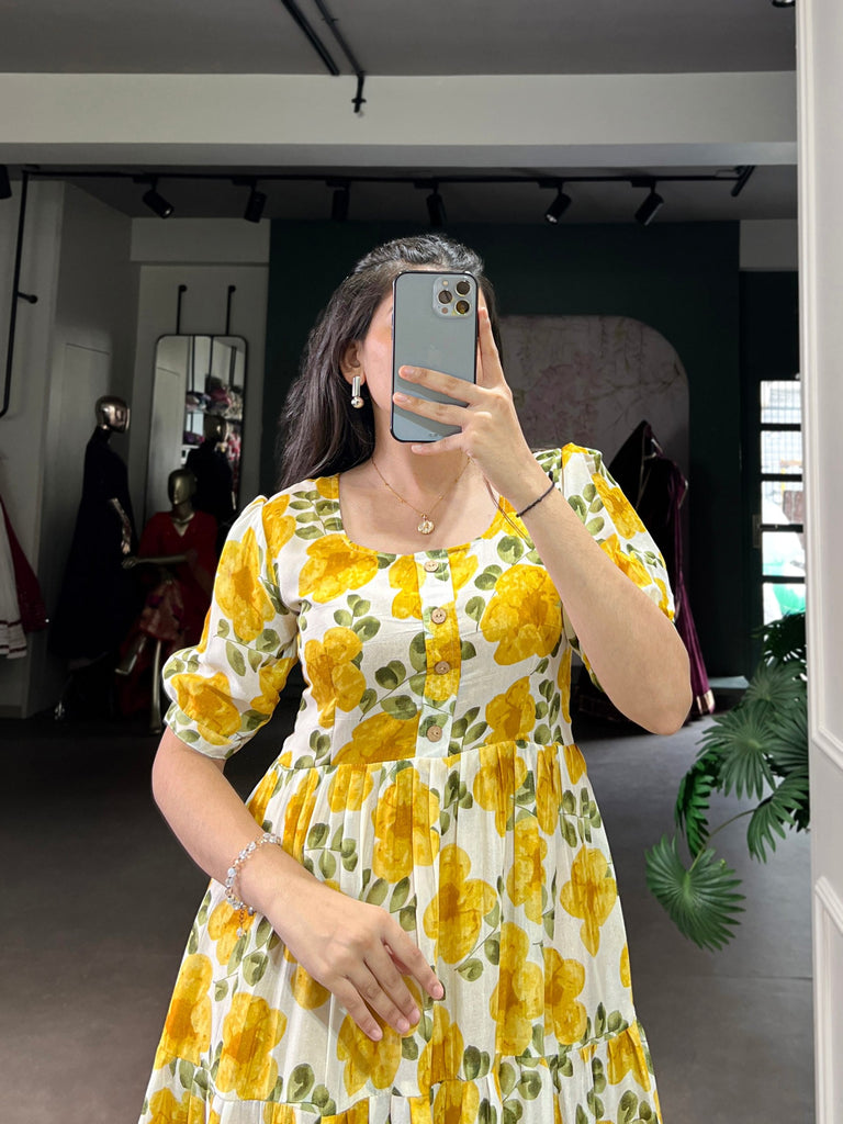 Mustard ichitra Silk Floral Print Frock with 5-Meter Flair ClothsVilla