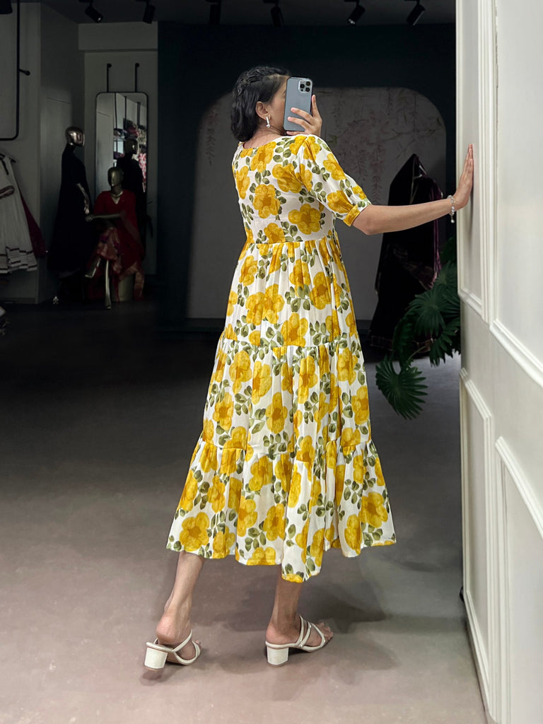 Mustard ichitra Silk Floral Print Frock with 5-Meter Flair ClothsVilla