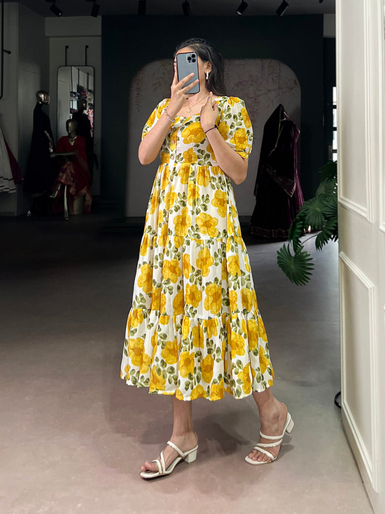 Mustard ichitra Silk Floral Print Frock with 5-Meter Flair ClothsVilla