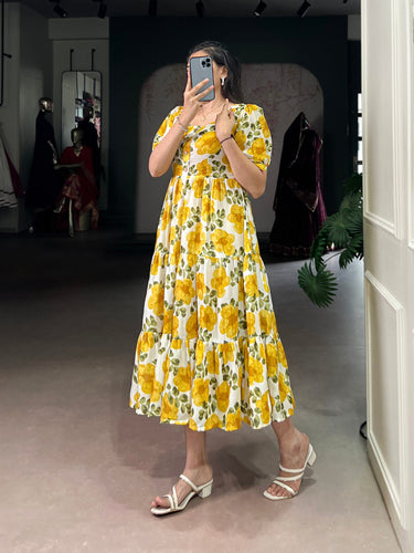 Mustard ichitra Silk Floral Print Frock with 5-Meter Flair ClothsVilla