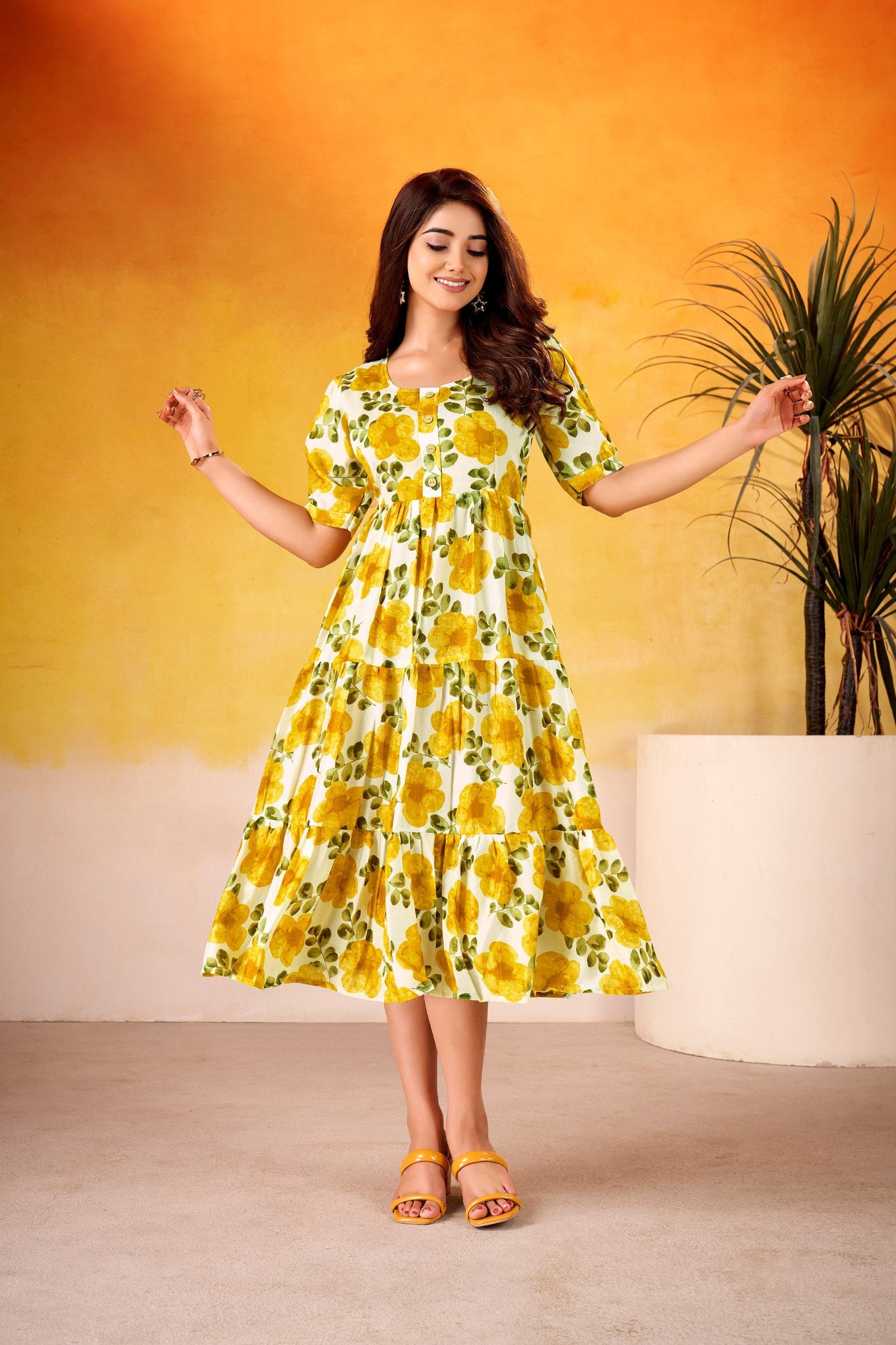 Mustard ichitra Silk Floral Print Frock with 5-Meter Flair ClothsVilla