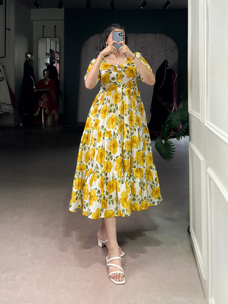 Mustard ichitra Silk Floral Print Frock with 5-Meter Flair ClothsVilla