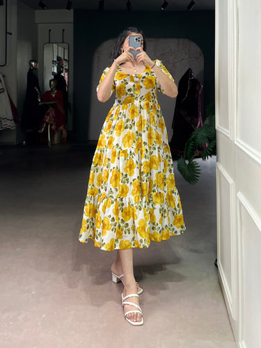 Mustard ichitra Silk Floral Print Frock with 5-Meter Flair ClothsVilla