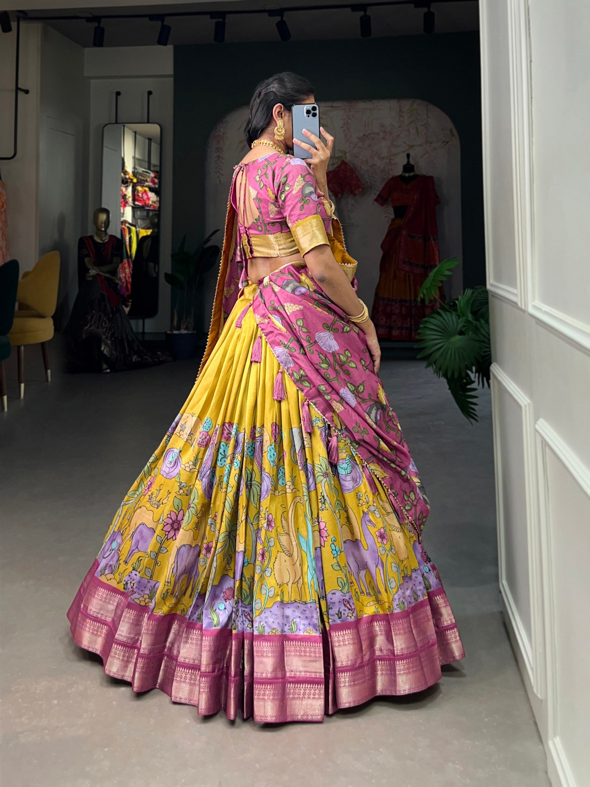 Mustard Kalamkari Dola Silk Lehenga Choli Set with Zari Borders ClothsVilla