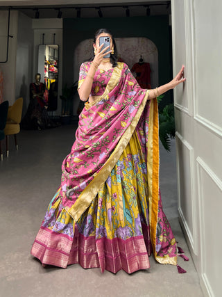 Mustard Kalamkari Dola Silk Lehenga Choli Set with Zari Borders ClothsVilla