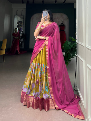 Mustard Kalamkari Print Lehenga set ClothsVilla.com