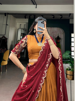 Mustard Kalamkari Print Lehenga Set Clothsvilla