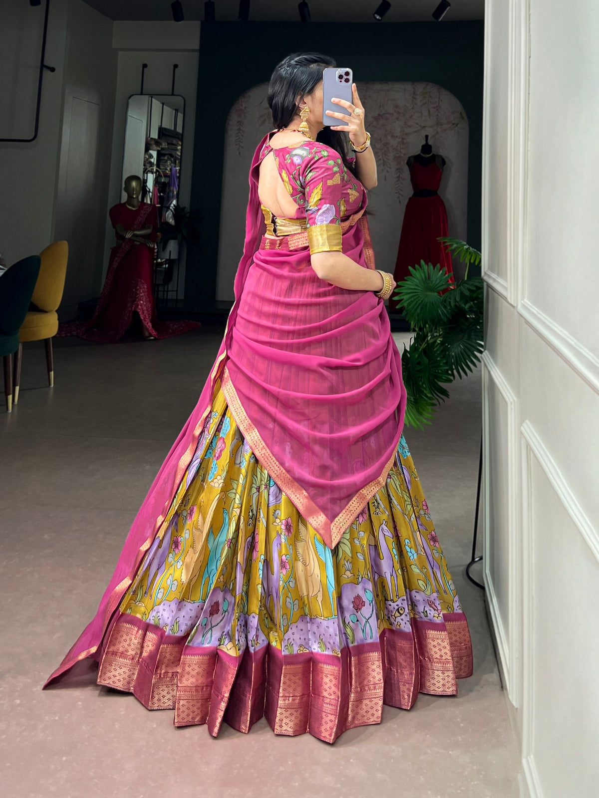 Mustard Kalamkari Print Lehenga set ClothsVilla.com