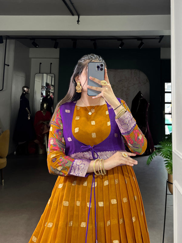 Mustard Kalamkari Printed Poly Cotton Gown with Zari Weaving Koti Set ClothsVilla