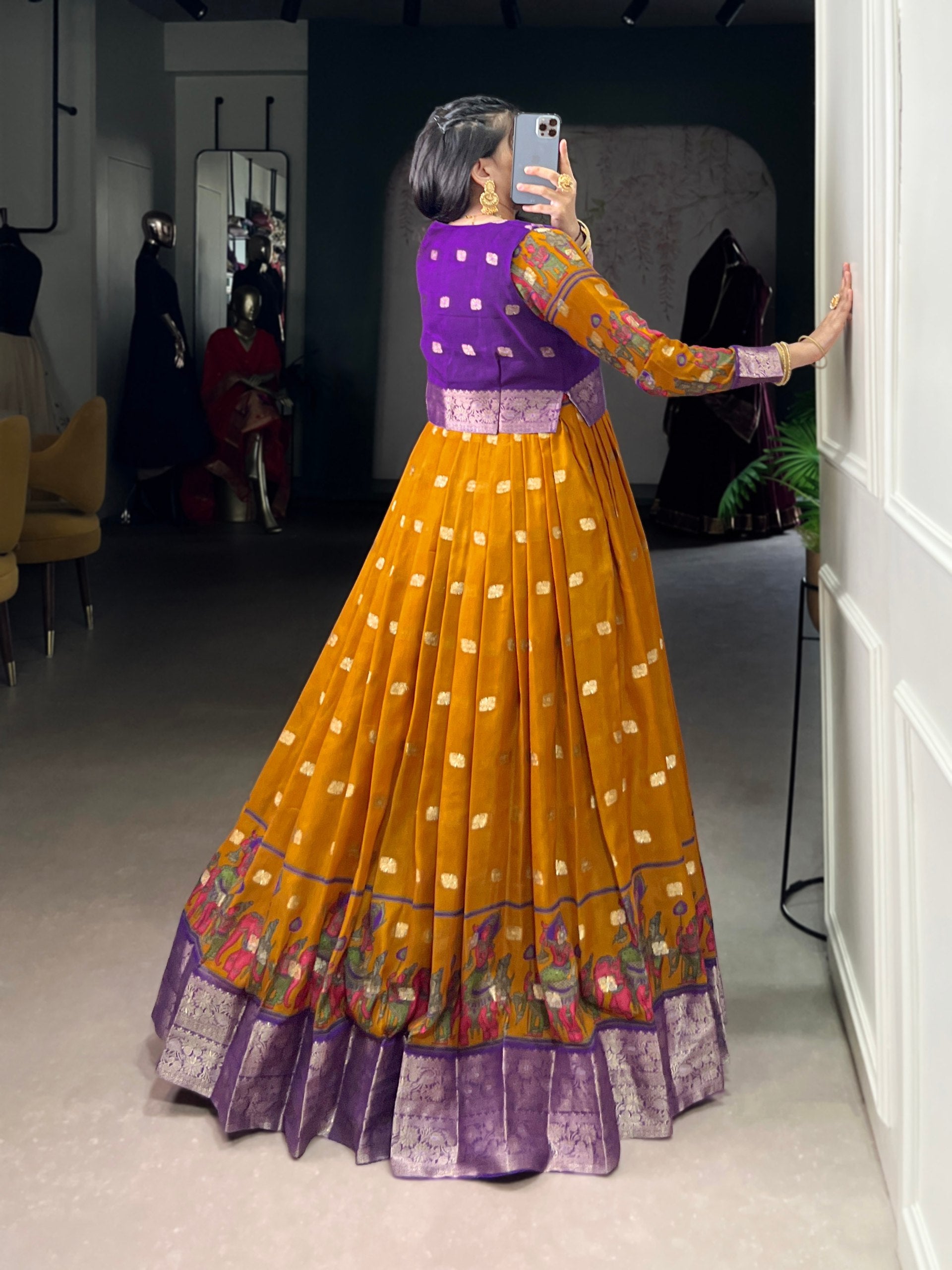 Mustard Kalamkari Printed Poly Cotton Gown with Zari Weaving Koti Set ClothsVilla