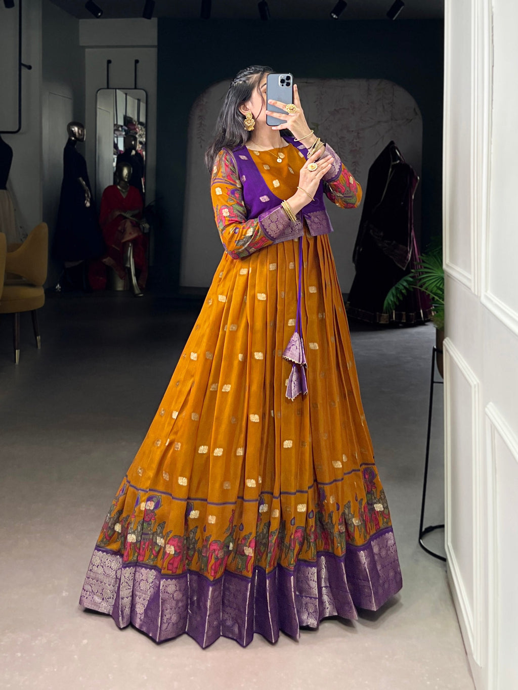 Mustard Kalamkari Printed Poly Cotton Gown with Zari Weaving Koti Set ClothsVilla