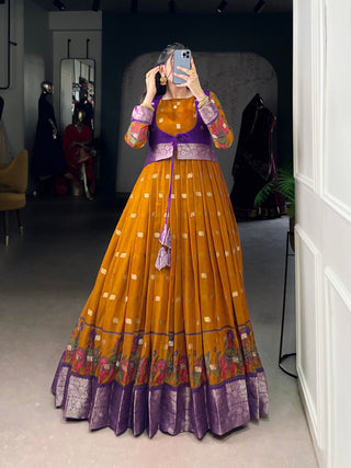 Mustard Kalamkari Printed Poly Cotton Gown with Zari Weaving Koti Set ClothsVilla