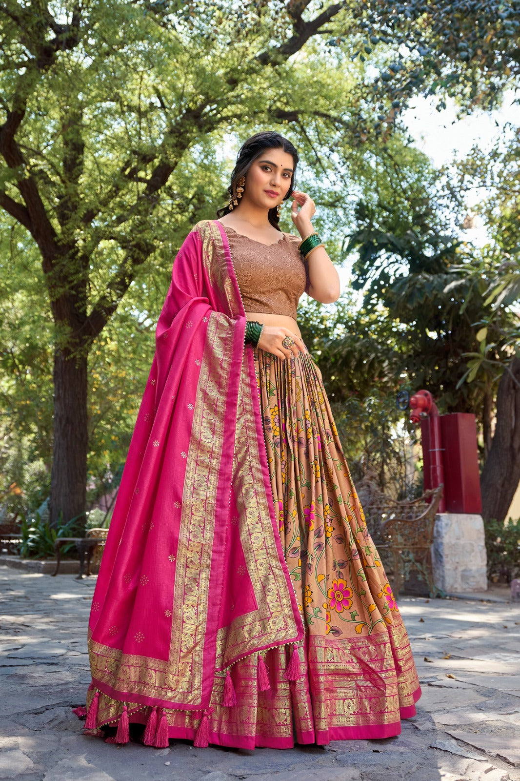 Mustard Kalamkari Tussar Silk Lehenga Choli Set ClothsVilla