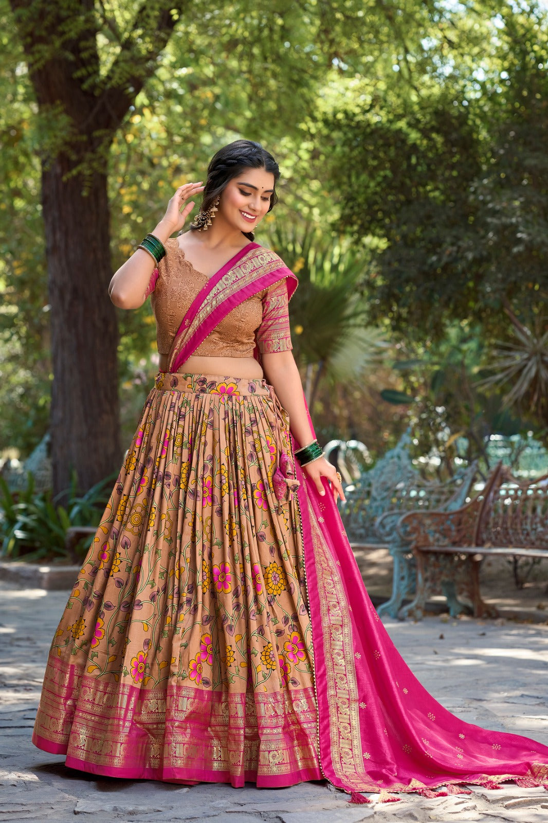 Mustard Kalamkari Tussar Silk Lehenga Choli Set ClothsVilla