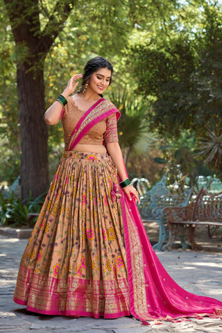 Mustard Kalamkari Tussar Silk Lehenga Choli Set ClothsVilla
